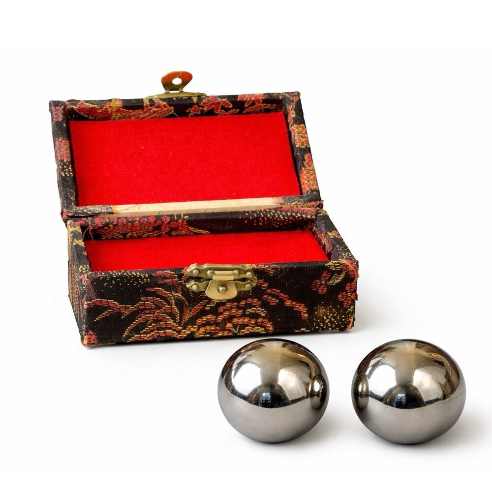 Vtg Chinese Baoding Stress Balls in Silk Brocade Box Meditation Hand Exercise